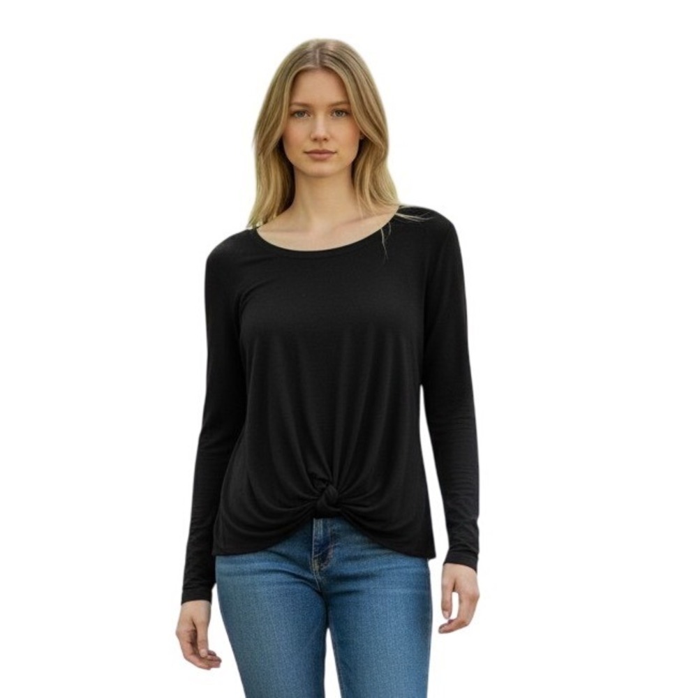 Nordstrom Rack Womens Black Long Sleeve Front Knot Scoop Neck Top XS MM463651MI